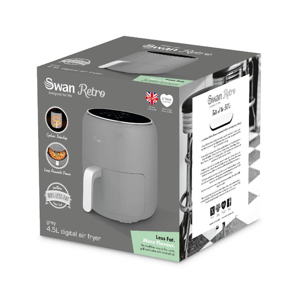 Swan Retro Touch-Control Air Fryer | 4.5L, Grey, Pull-Out Basket