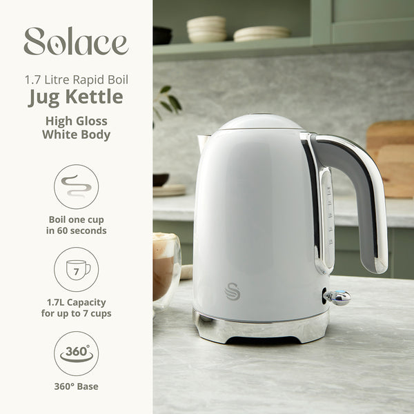 Swan Solace White Stainless Steel Jug Kettle | 1.7L, Water-Level Window