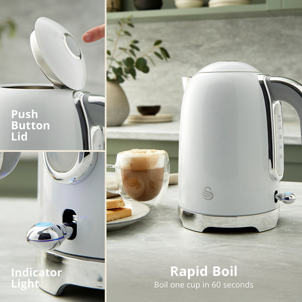 Swan Solace White Stainless Steel Jug Kettle | 1.7L, Water-Level Window