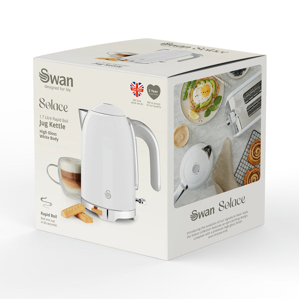 Swan Solace White Stainless Steel Jug Kettle | 1.7L, Water-Level Window