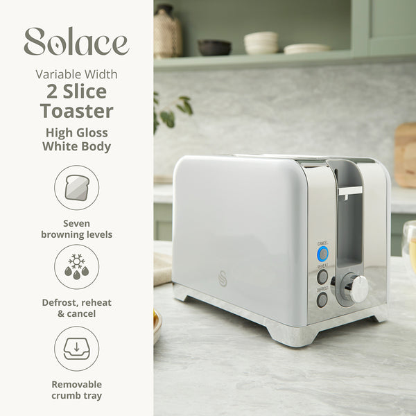 Swan Solace 2 Slice Stainless Steel Toaster | White, Defrost, Reheat
