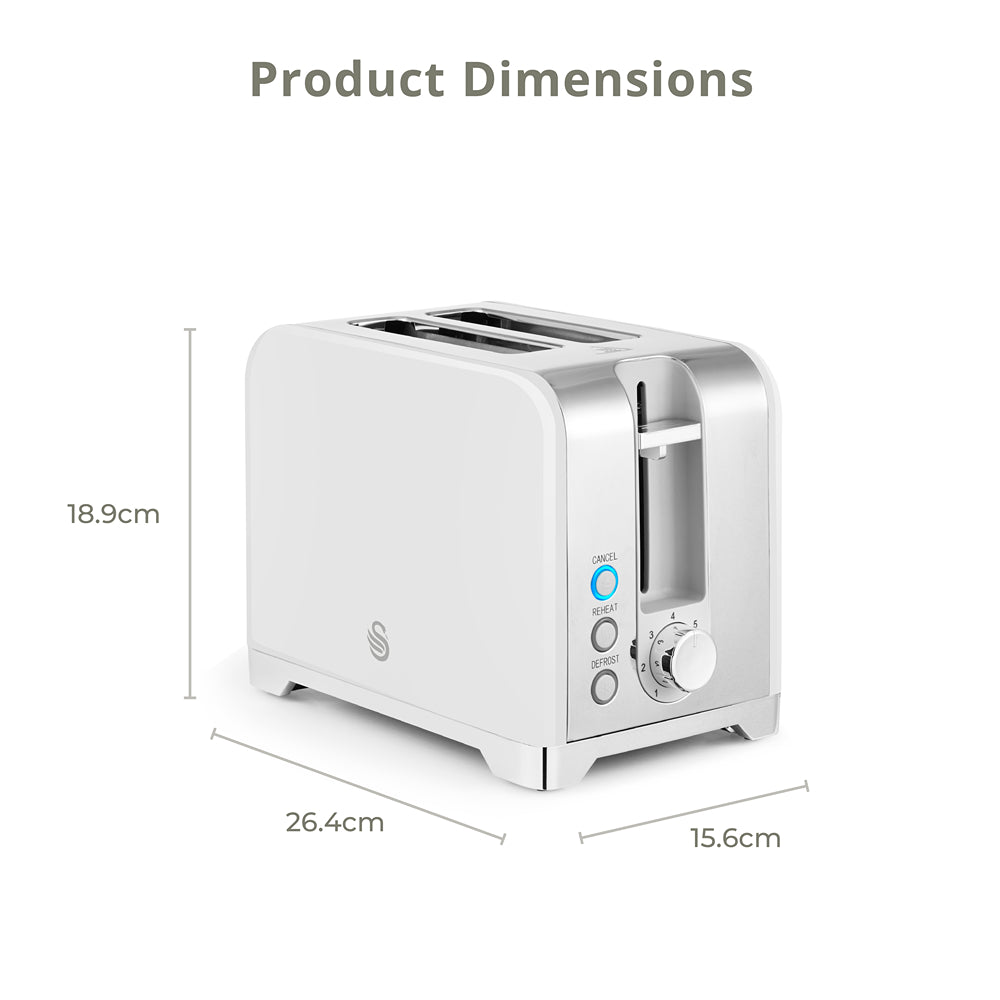 Swan Solace 2 Slice Stainless Steel Toaster | White, Defrost, Reheat