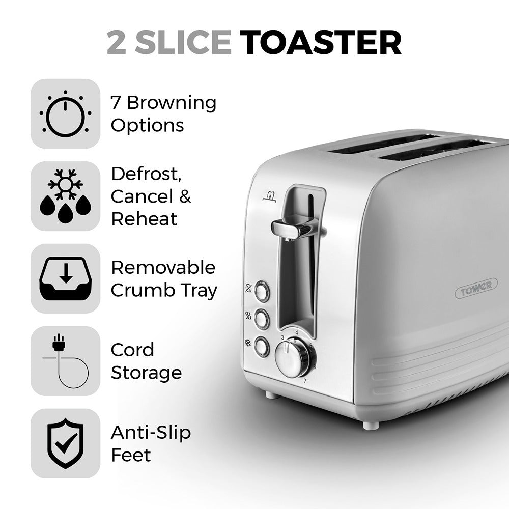 Tower Ash Grey 2-Slice Toaster | 7-Level Browning, Wide Slots