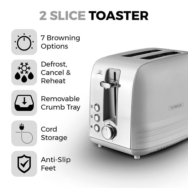 Tower Ash Grey 2-Slice Toaster | 7-Level Browning, Wide Slots