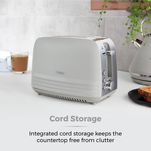 Tower Ash Grey 2-Slice Toaster | 7-Level Browning, Wide Slots