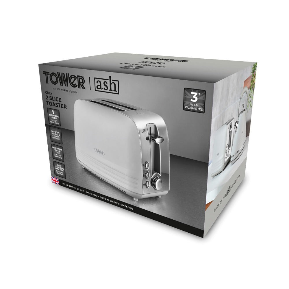 Tower Ash Grey 2-Slice Toaster | 7-Level Browning, Wide Slots