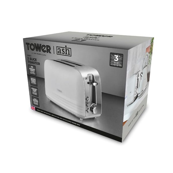 Tower Ash Grey 2-Slice Toaster | 7-Level Browning, Wide Slots