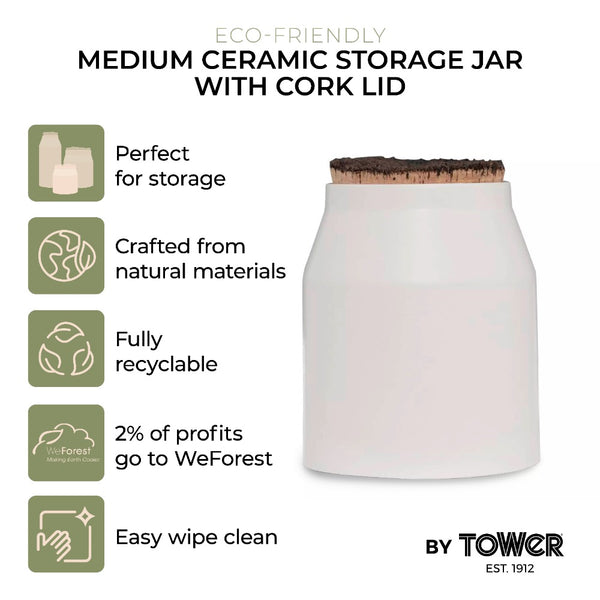 Tower Natural Life Matte White Ceramic Storage Jar | 18.5cm, Stopper Lid