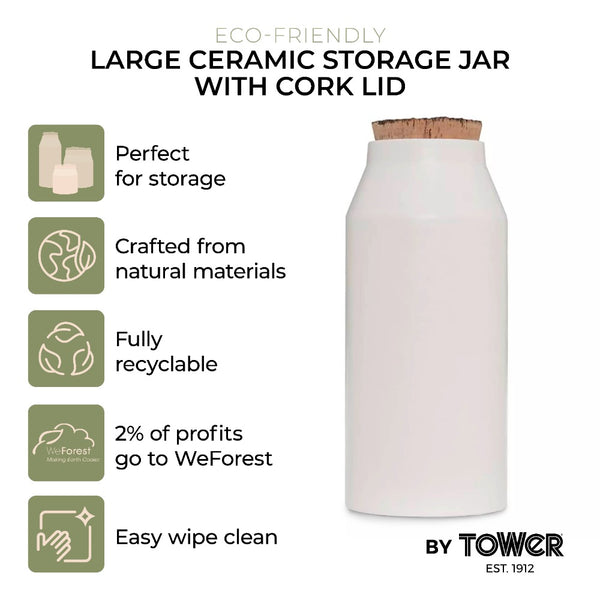 Tower Minimalist Ceramic Storage Jar | Matte White, Cork Lid, 27cm