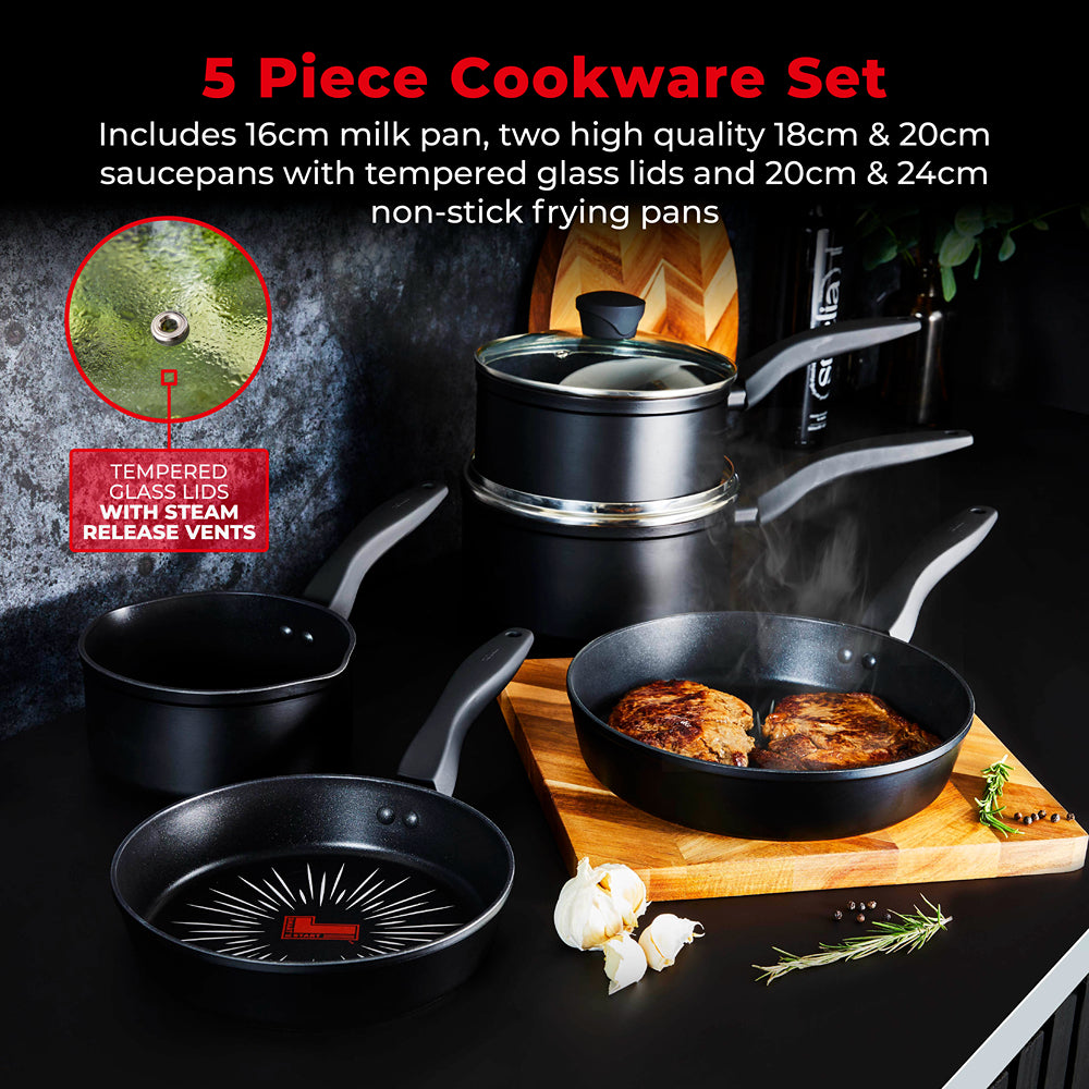 Tower Smart Start Forged Easy-Release Cookware Set | 5 Piece, Glass Lids