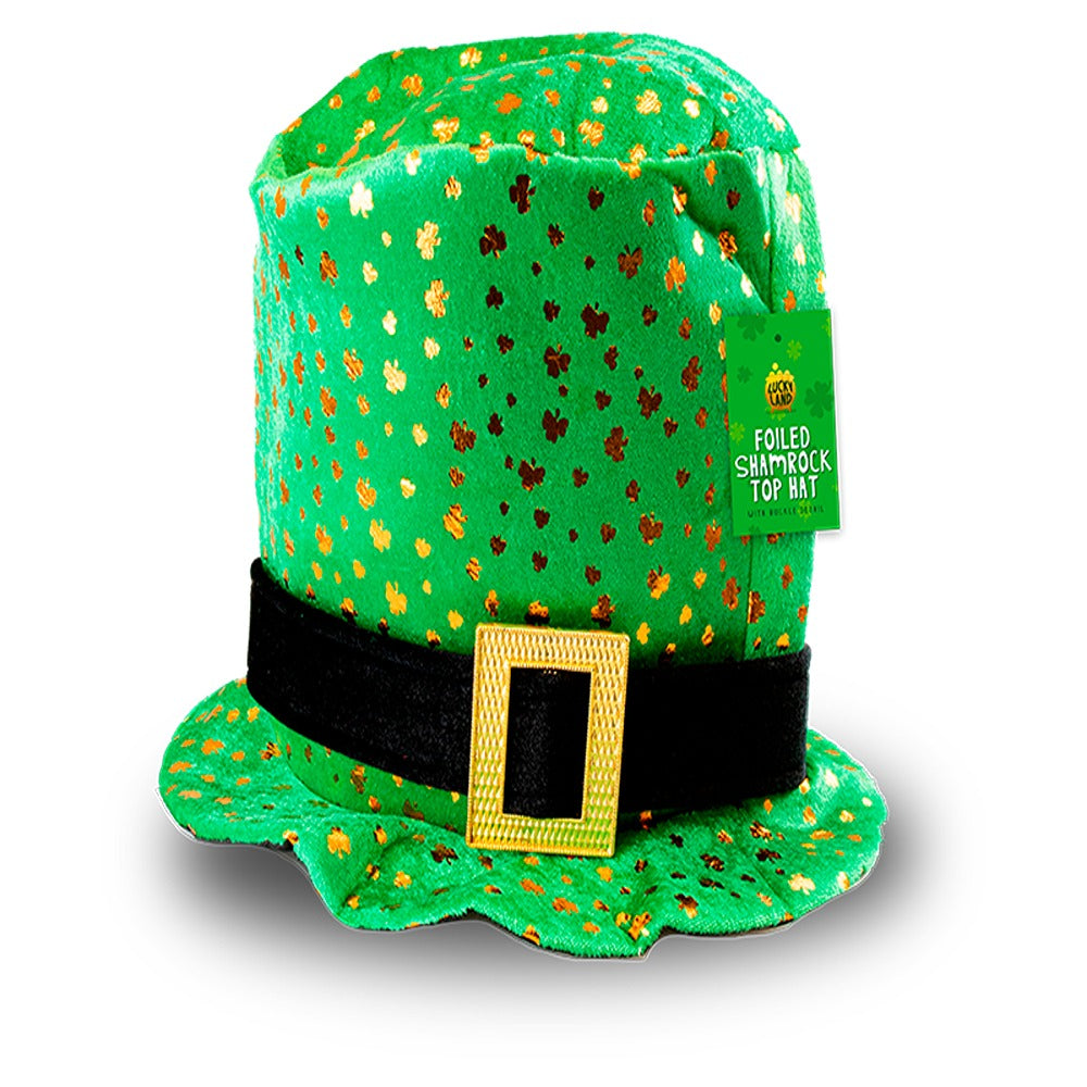Lucky Land Foiled Shamrock Top Hat Costume Hat | Green, Metallic Foil