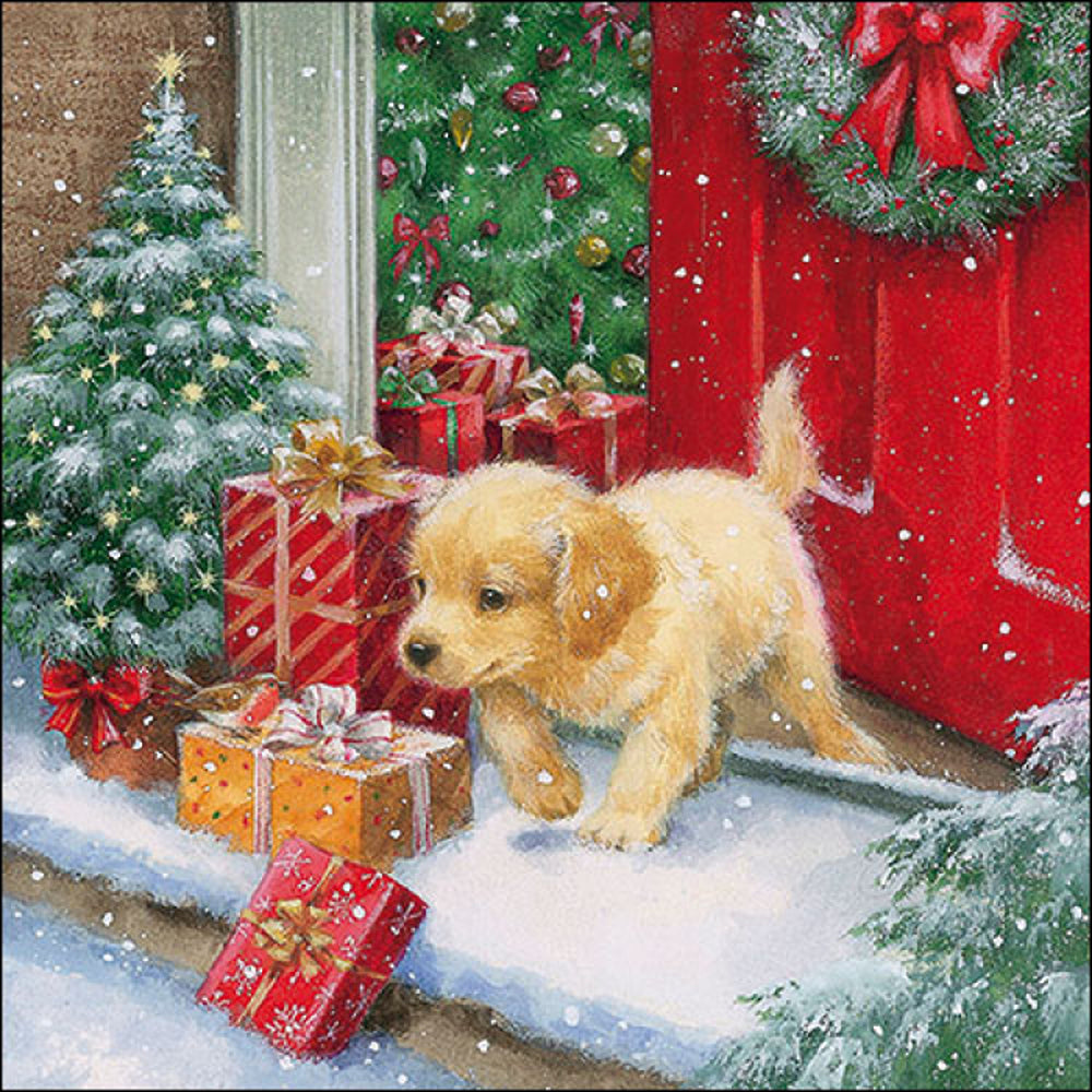 Ambiente Christmas Puppy Napkins - Red and Green - 20 Pack