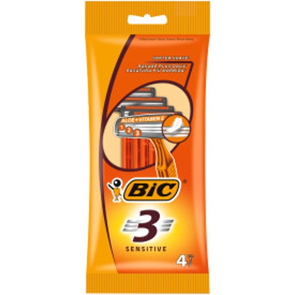 BIC 3 Sensitive Men's Razors Pack of 4 | Triple Blade, Aloe & Vitamin E
