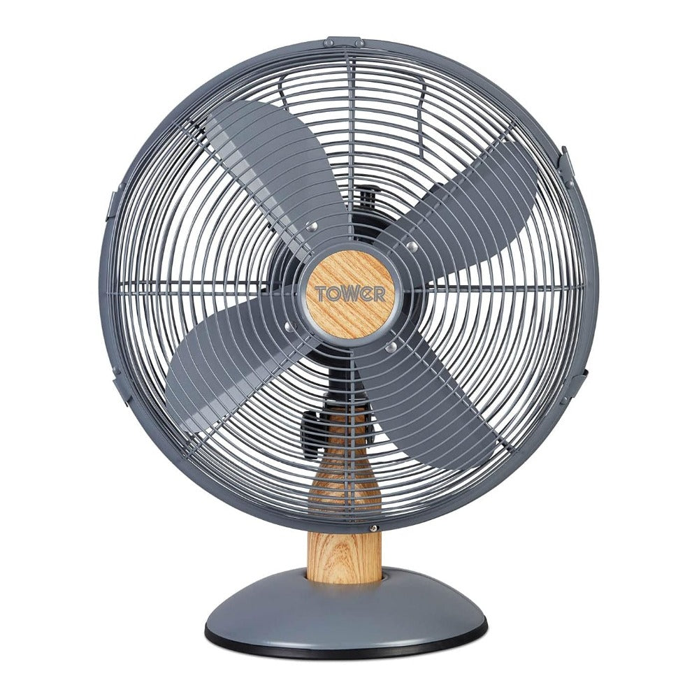 Tower Scandi Desk Fan | 12 Inch, Grey, Four-Blade, Wood-Effect Accents