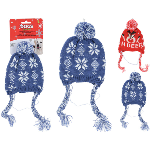 Christmas Snowflake Knit Dog Costume Hat | Ear Flaps, Elastic Under-Chin Strap