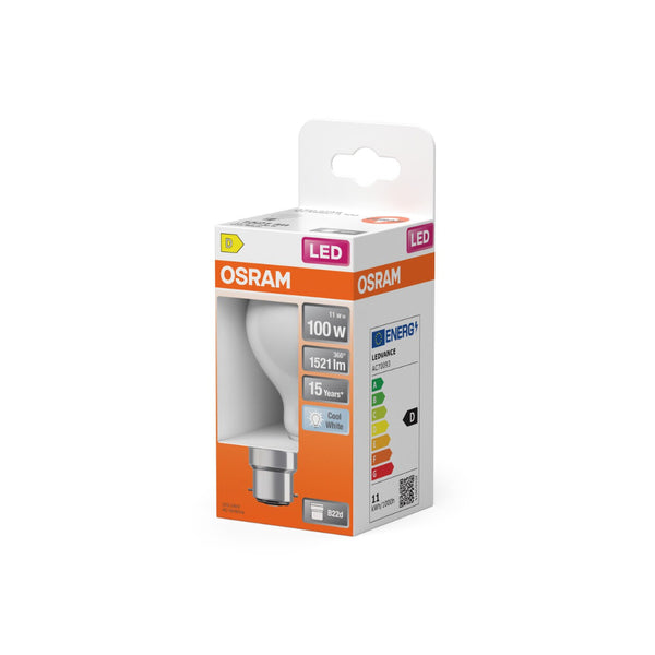 Osram B22d Frosted LED Bulb | 11W, Cool White, 1521lm, 100W Equivalent