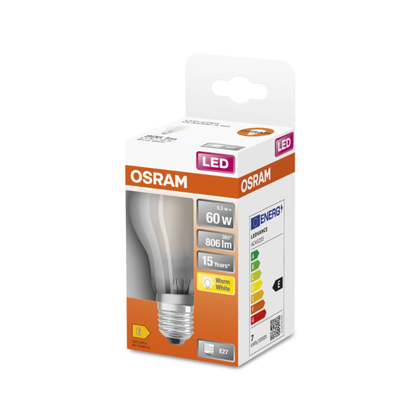 Osram Frosted LED Light Bulb | E27, 6.5W, 60W Equivalent, Warm White