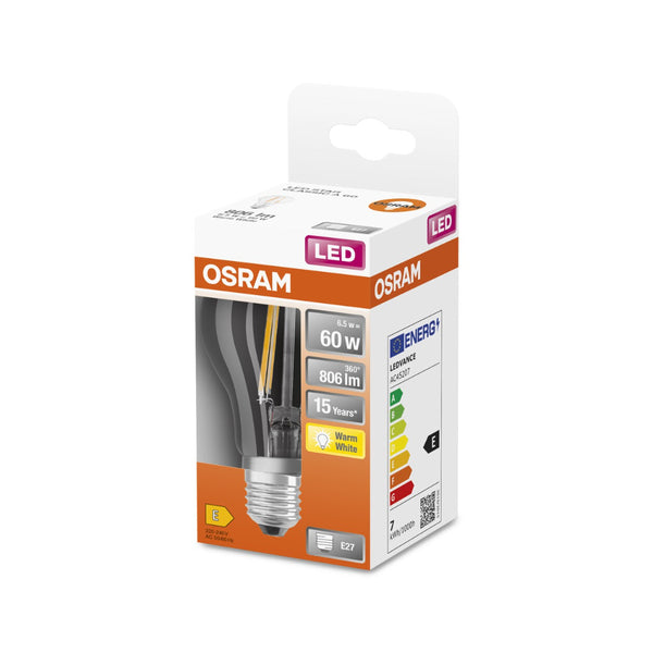 Osram E27 LED Filament Bulb | 6.5W, 806lm, Warm White, 60W Equivalent