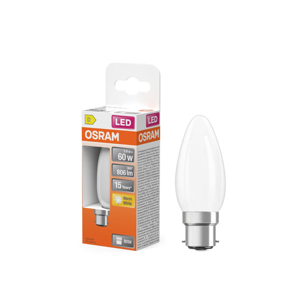 Osram Frosted LED Candle Bulb | B22d, 60W Equivalent, Warm White