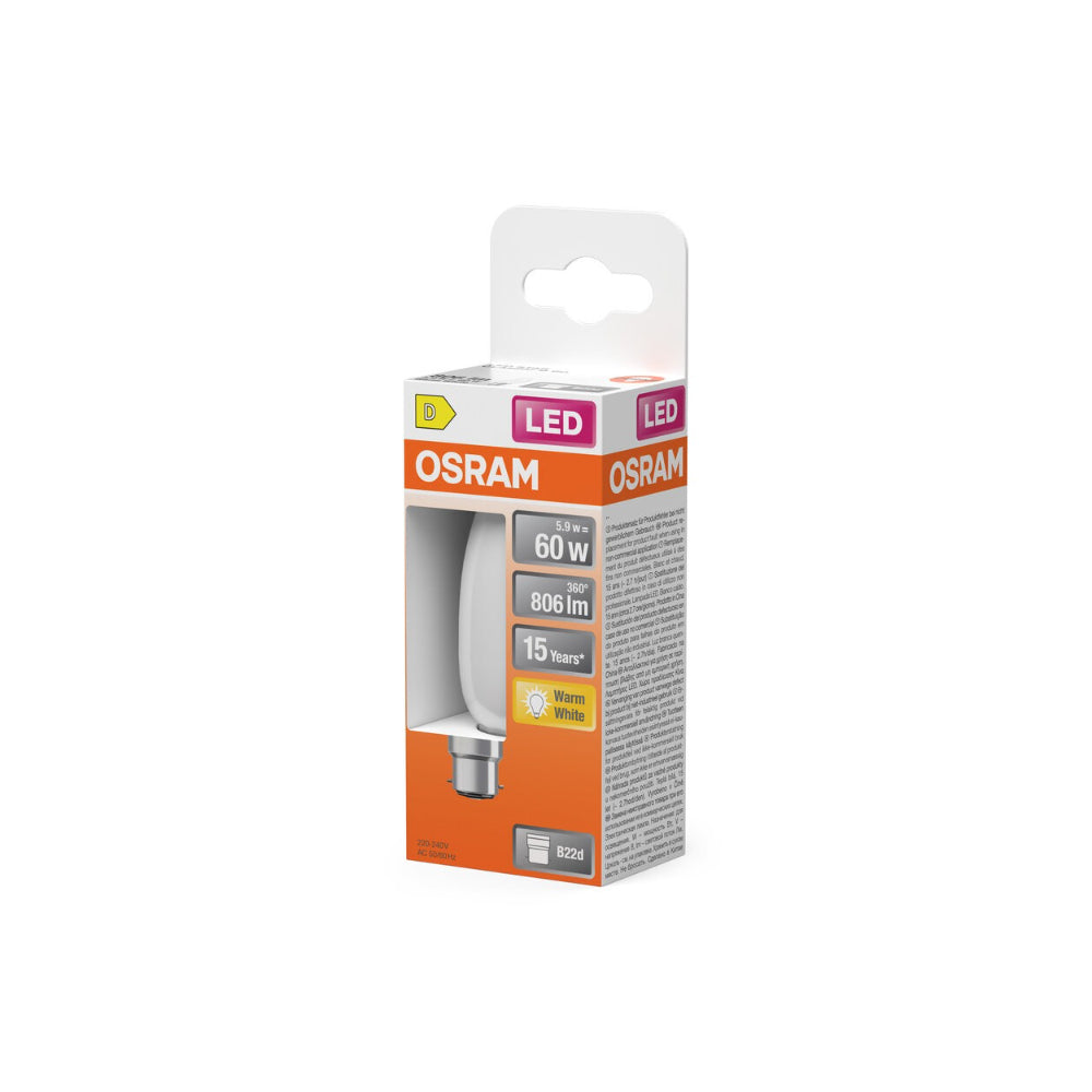 Osram Frosted LED Candle Bulb | B22d, 60W Equivalent, Warm White