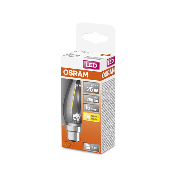 Osram Clear LED Candle Light Bulb | B22d, 2.5W, Warm White, 250lm