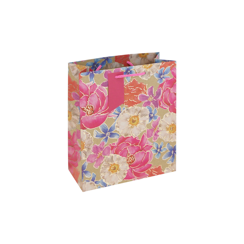 EuroWrap Kraft Floral Medium Gift Bag | Rope Handles, Attached Gift Tag