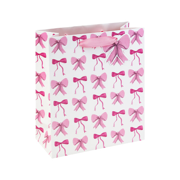 EuroWrap Large Bow Print Gift Bag | Pink and White, Ribbon Handles, Gift Tag