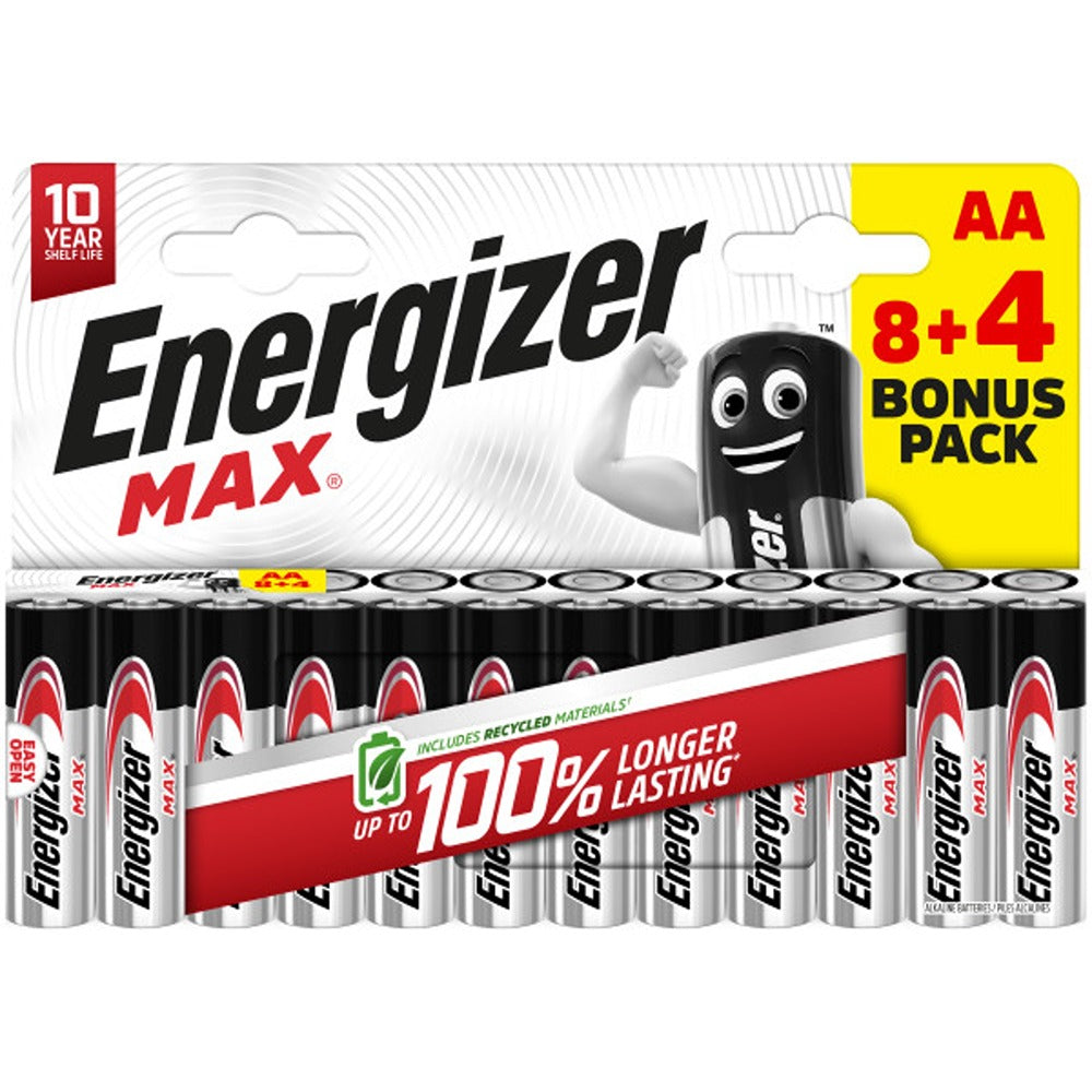 Energizer Max AA Batteries | Pack of 12 (8+4 Bonus), 10-Year Shelf Life