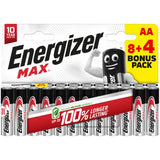 Energizer Max AA Batteries | Pack of 12 (8+4 Bonus), 10-Year Shelf Life