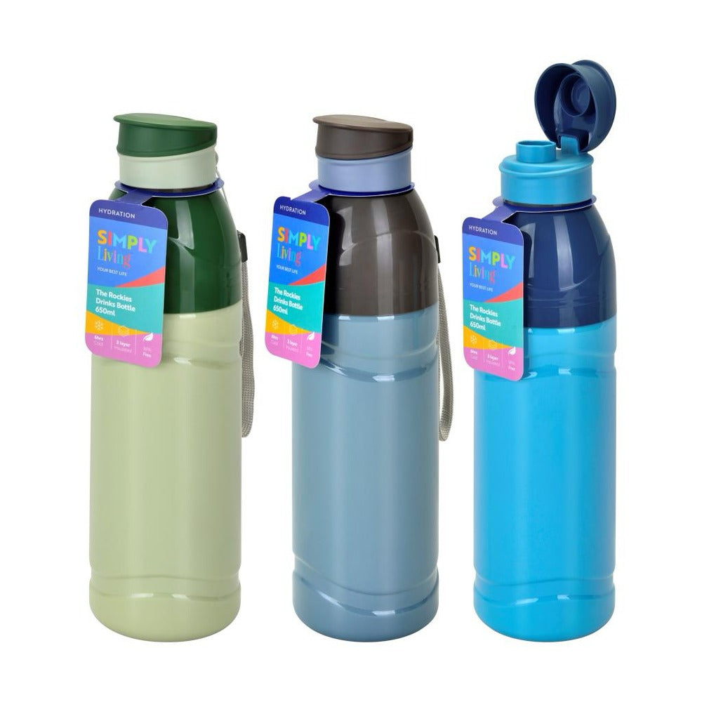 Simply Liv Rockies Insulated Flip Bottle 650ml | Assorted Colours