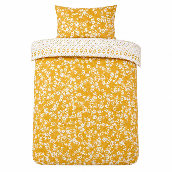Mustard Yellow Floral Duvet Set | Single, White Patterned Reverse