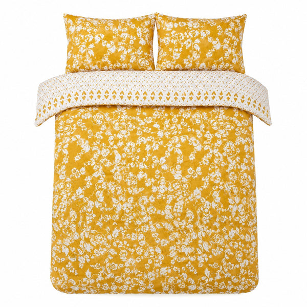 Mustard Yellow Floral Reversible Duvet Set | Double, Heart Print