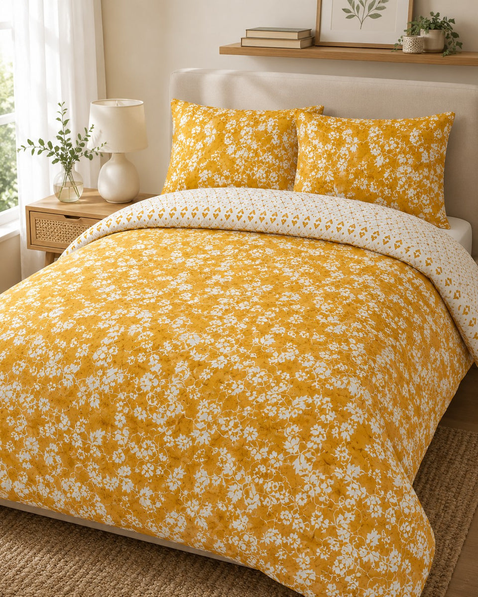 Mustard Yellow Floral Reversible Duvet Set | Double, Heart Print
