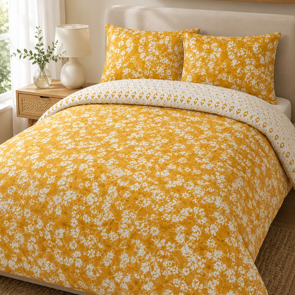 Mustard Yellow Floral Reversible Duvet Set | Double, Heart Print