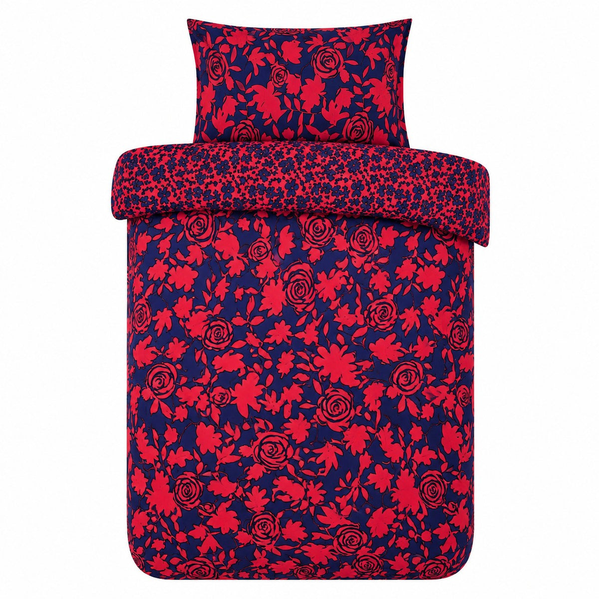 Alcedo Rose Blue Reversible Floral Duvet Set | Single, Red and Navy