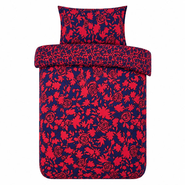 Alcedo Rose Blue Reversible Floral Duvet Set | Single, Red and Navy