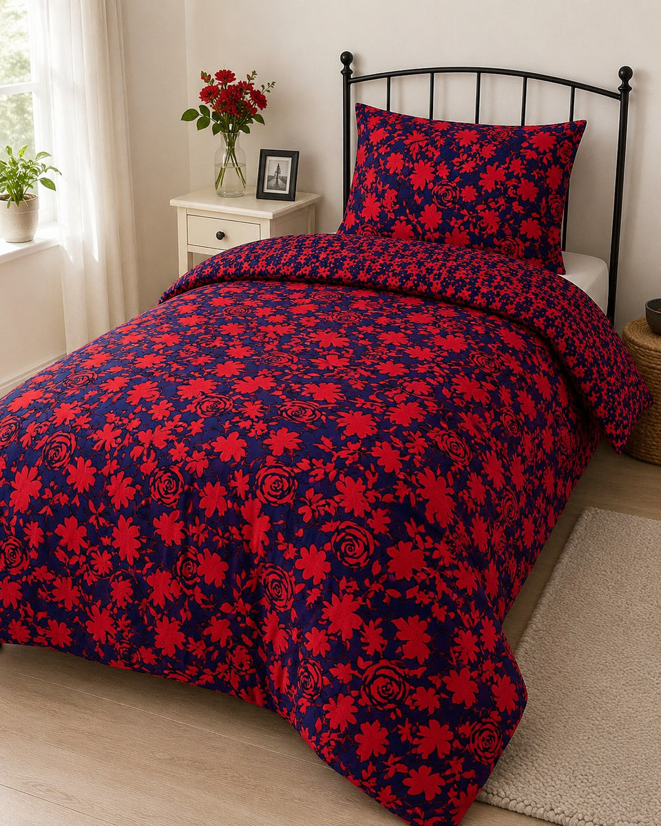 Alcedo Rose Blue Reversible Floral Duvet Set | Single, Red and Navy