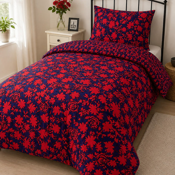 Alcedo Rose Blue Reversible Floral Duvet Set | Single, Red and Navy