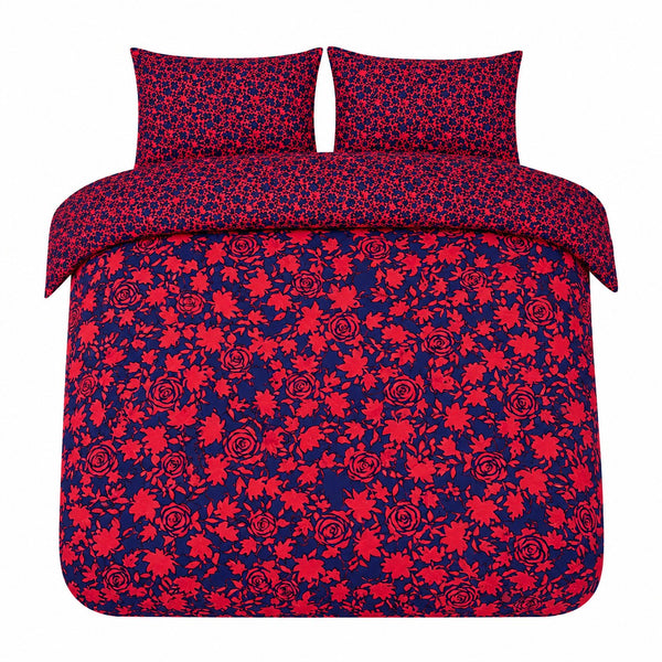 Alcedo Rose Blue Reversible Floral Duvet Set | Double, Red and Navy