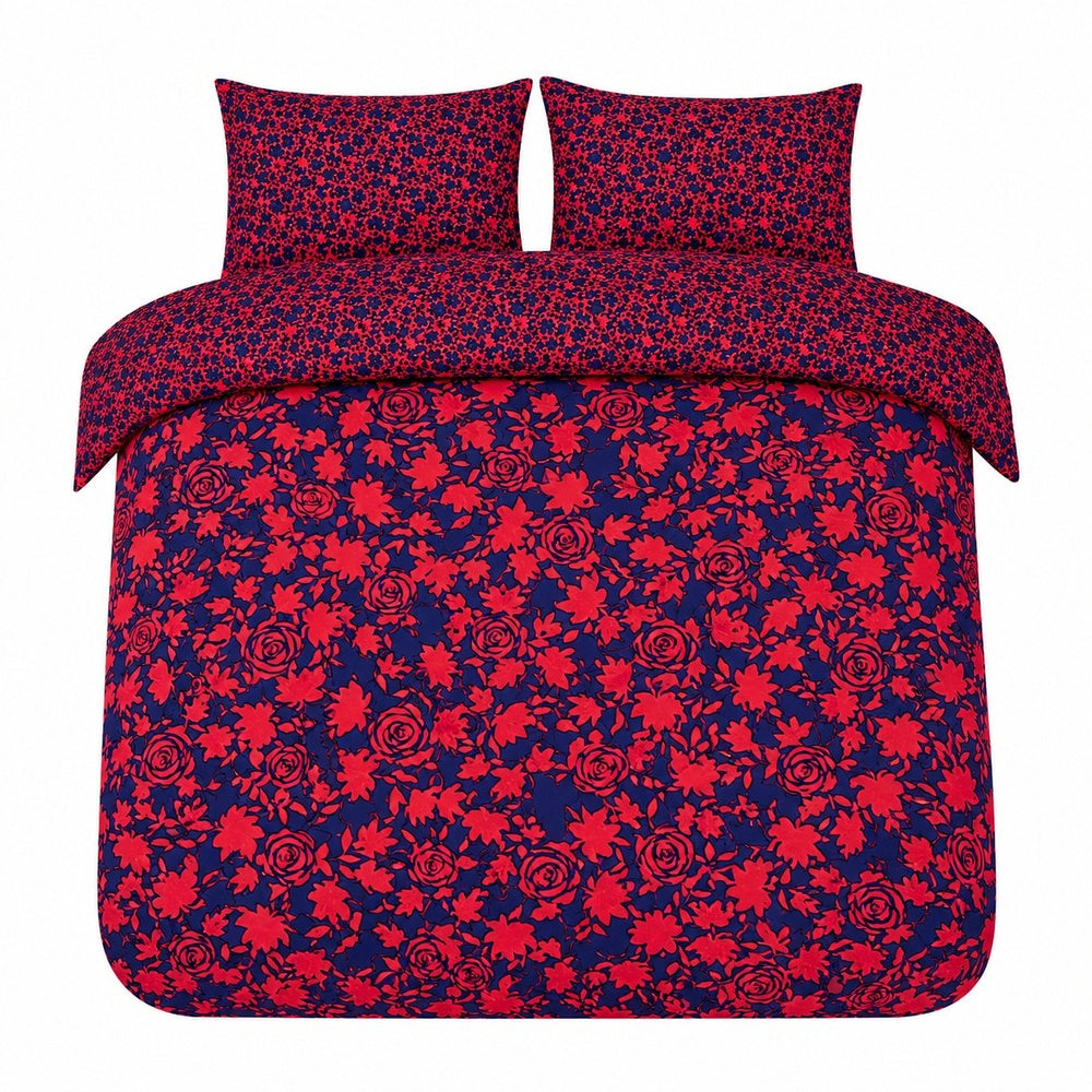 Alcedo Rose Blue Reversible Floral Duvet Set | Double, Red And Navy