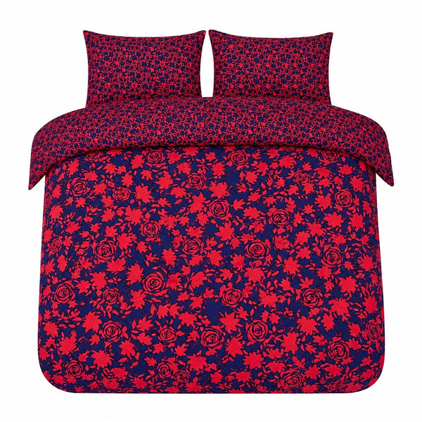 Alcedo Rose Blue Reversible Floral Duvet Set | Double, Red And Navy