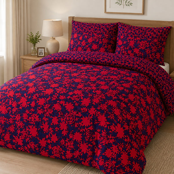 Alcedo Rose Blue Reversible Floral Duvet Set | King, Red and Navy
