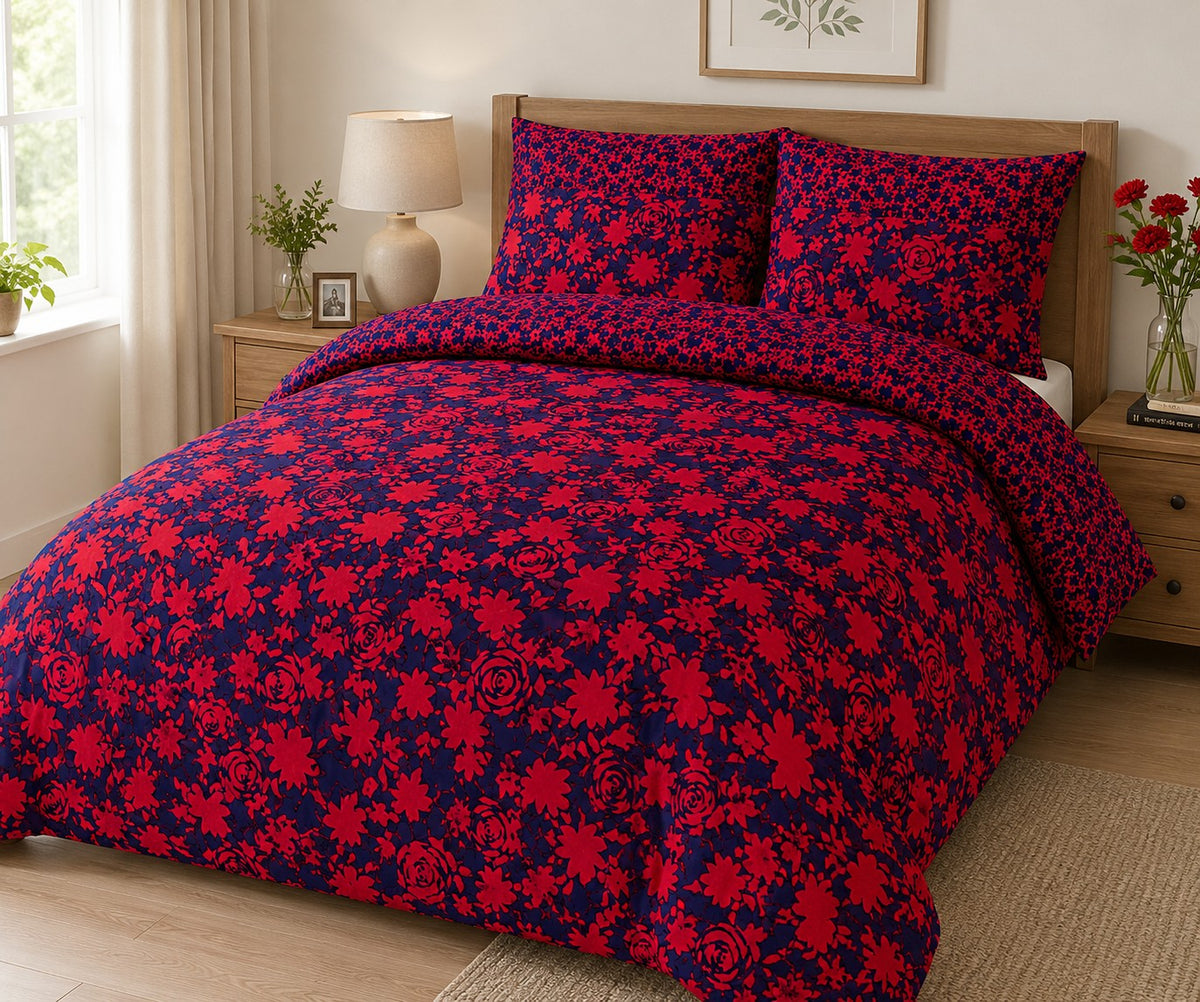 Alcedo Rose Reversible Floral Duvet Set | Super King, Red and Navy