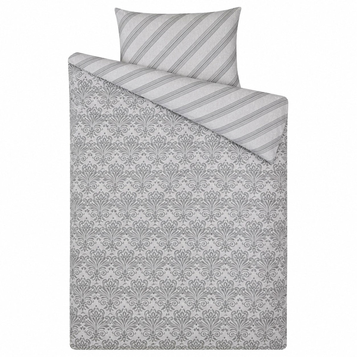 Silver Modern Damask Reversible Duvet Set | Single, Striped Reverse
