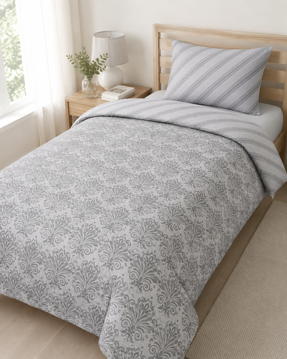 Silver Modern Damask Reversible Duvet Set | Single, Striped Reverse