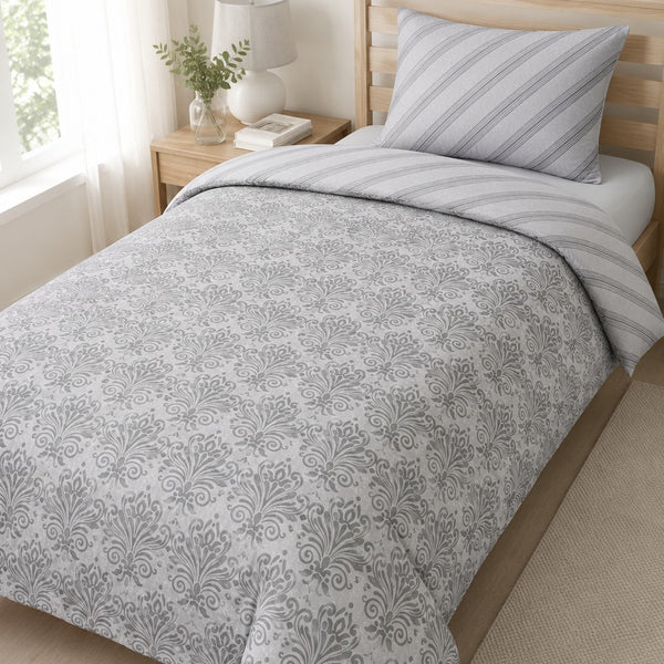 Silver Modern Damask Reversible Duvet Set | Single, Striped Reverse