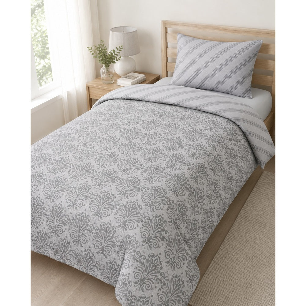 Silver Modern Damask Reversible Duvet Set | Single, Striped Reverse