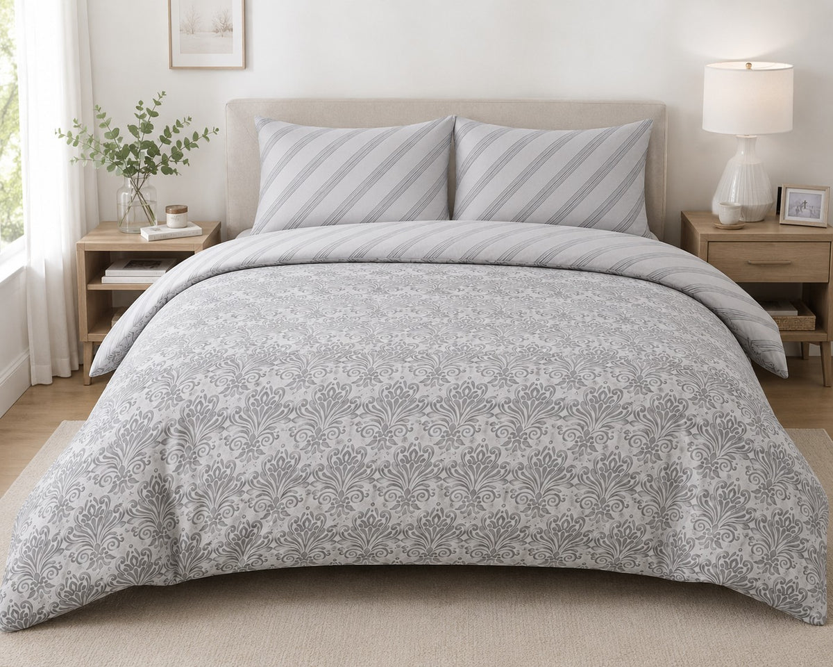 Silver Grey Modern Damask Duvet Set | Double, Reversible Stripe