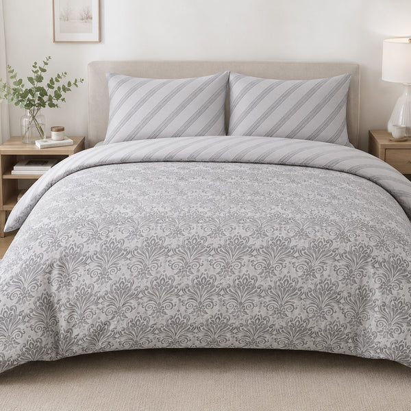 Silver Grey Modern Damask Duvet Set | Double, Reversible Stripe
