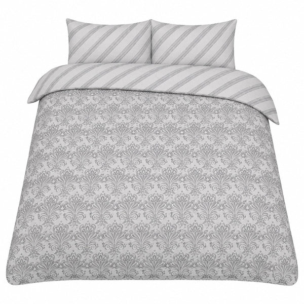 Silver Grey Reversible Damask Duvet Set | King, Stripe Reverse